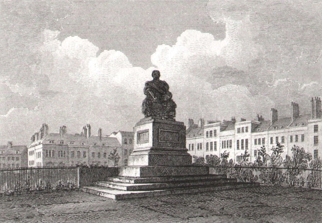 Charles James Fox statue, Bloomsbury Square, London. Antique engraved print 1817